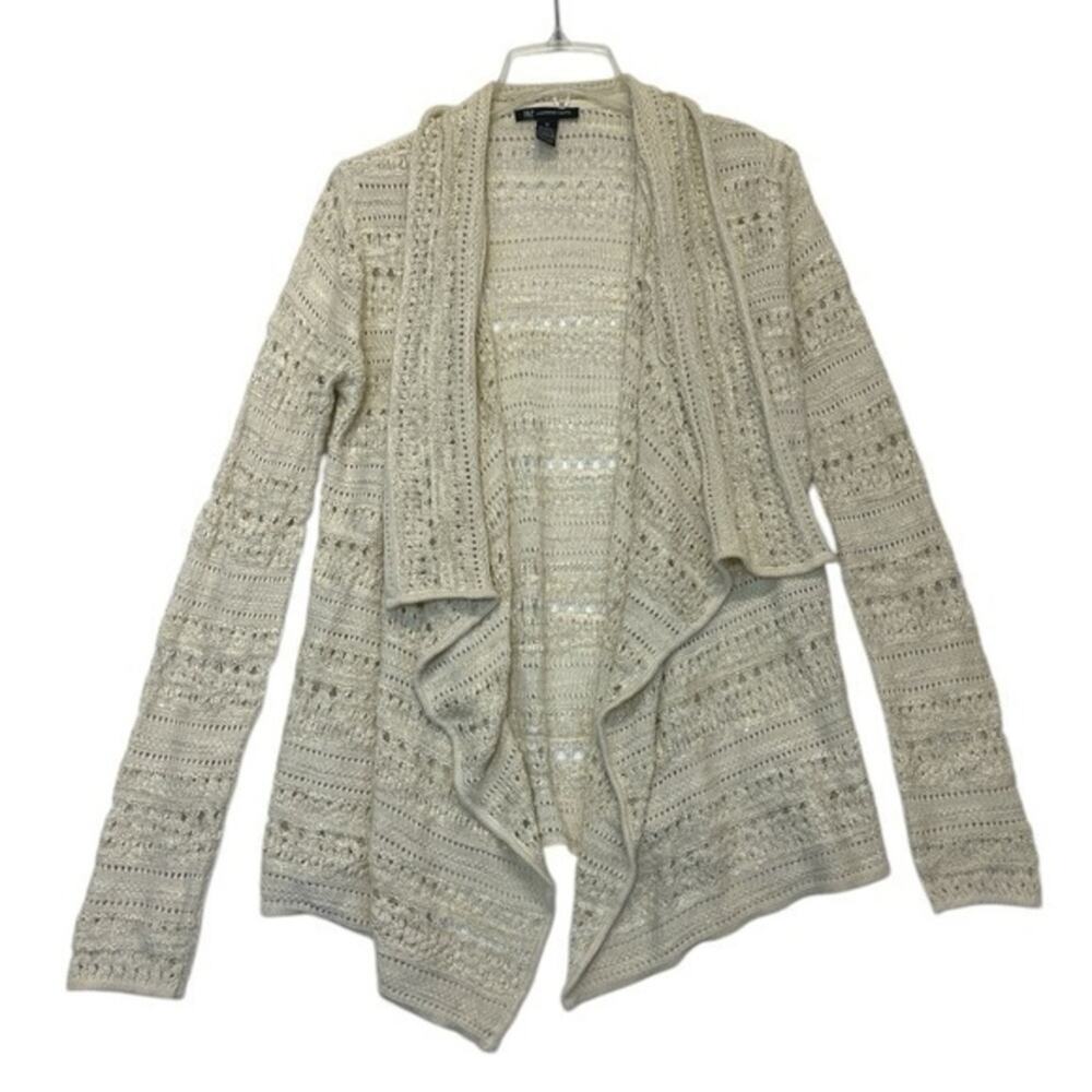 INC International Concepts Open Front Loose Knit Cardigan Medium cream crochet